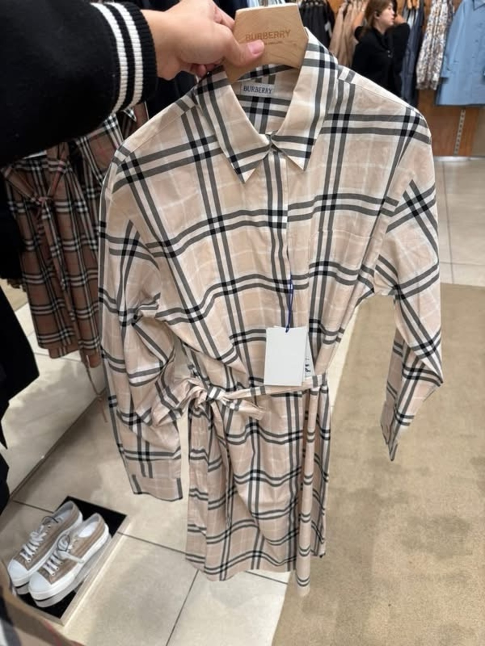 Burberry Beige and Black Checked Mini Shirt Dress with Waist Tie